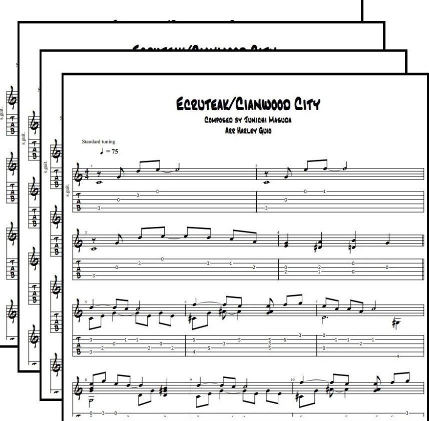Free fingerstyle guitar tab bundle preview featuring Ecruteak/Cianwood City arrangement by Harley Guio